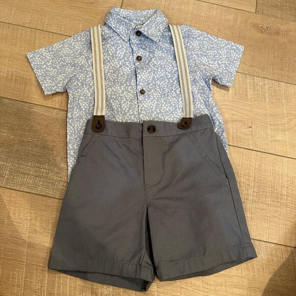 CARTERS BOY 24 MONTH 2 PIECE OVERALL SHORT SET NWOT BLUE AND GRAY - Picture 1 of 10